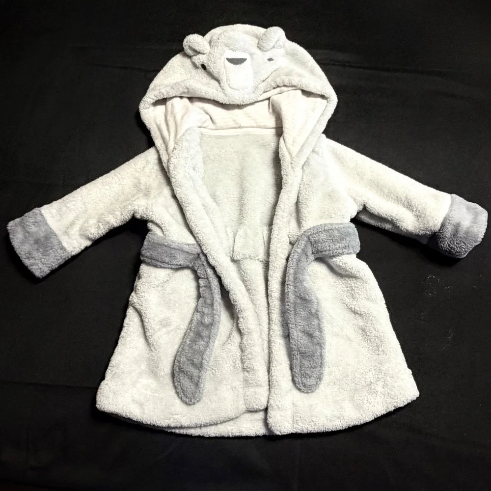 Cloud Island Baby 6-9M Gray Bear Hooded Plush Bathrobe Robe Belted